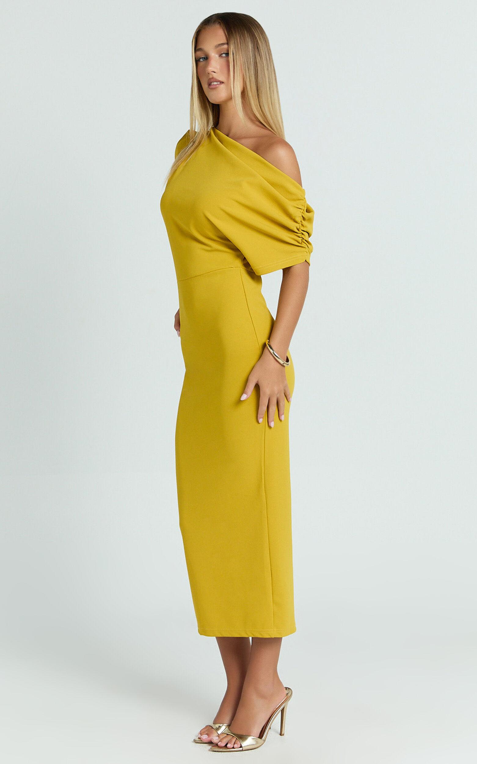 Nalfie Midi Dress - Tipped Shoulder Jersey Drape Dress in Mustard Product Image