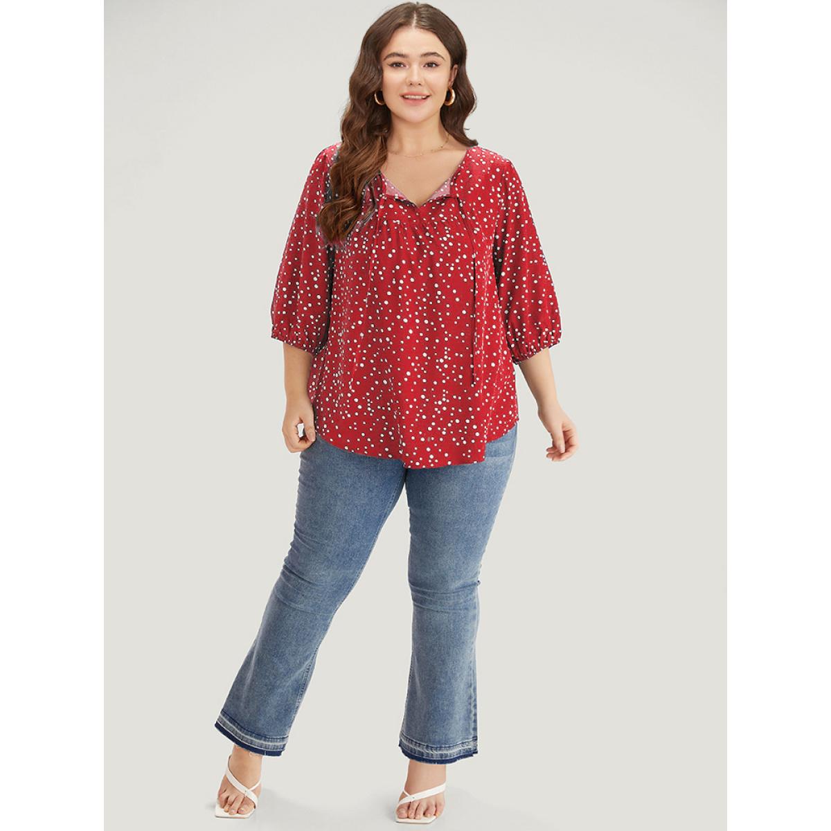 Plus Size Raspberry Polka Dot Knot Neck Arc Hem Blouse Women Elegant Elbow-length sleeve Tie Neck Dailywear Blouses BloomChic 12/L Product Image