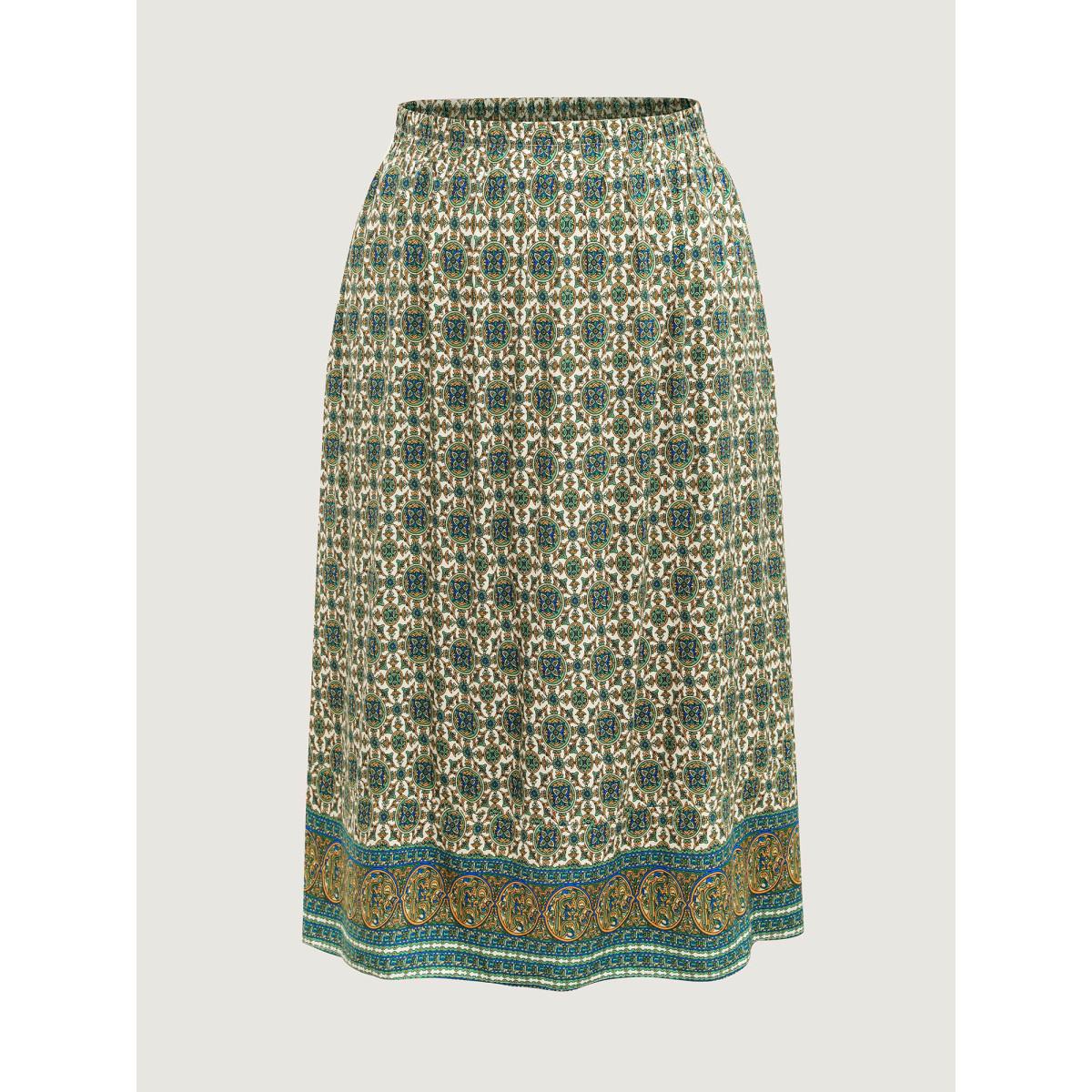 Plus Size Breezy Boho Print Stretchy Maxi Skirt Women Emerald Loose No stretch Side seam pocket Vacation Skirts BloomChic 14-16/1X Product Image