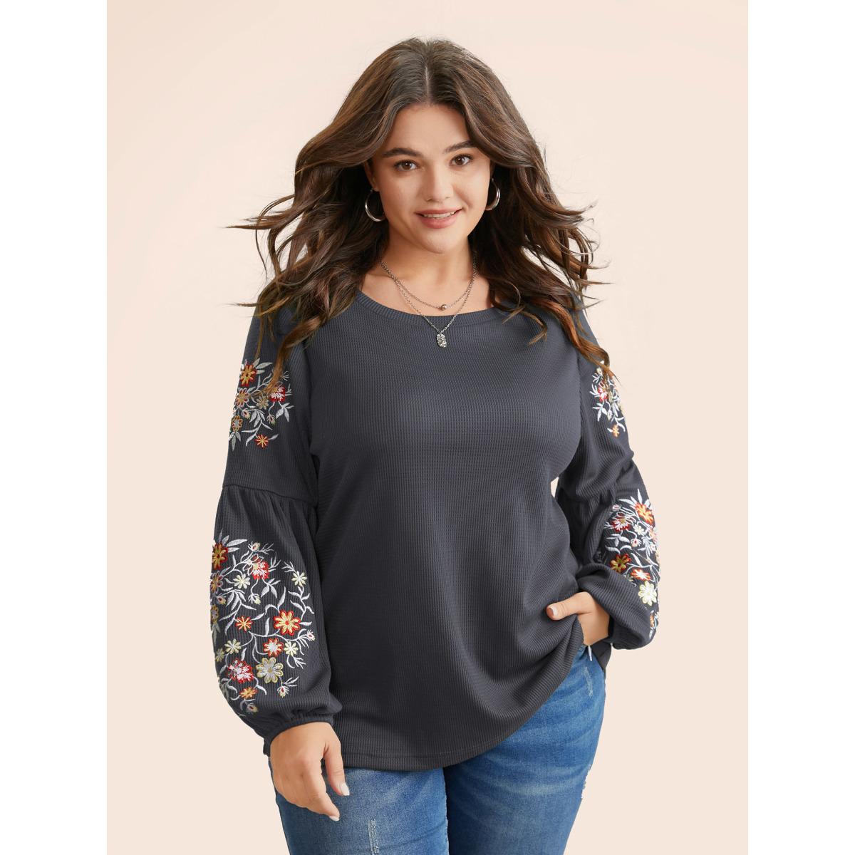 Plus Size Waffle Knit Floral Embroidered Lantern Sleeve T-shirt DimGray Women Leisure Texture Floral Round Neck Casual T-shirts BloomChic 10/M Product Image