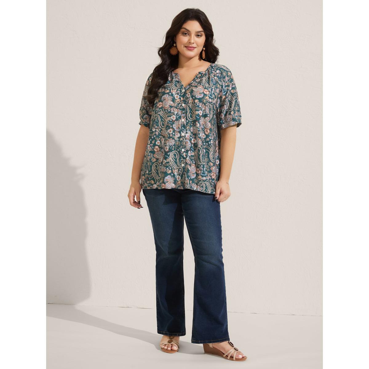 Plus Size Multicolor Paisley Print Button Placket Blouse Women Half Sleeve Round Neck Vacation Blouses BloomChic 30/6X Product Image