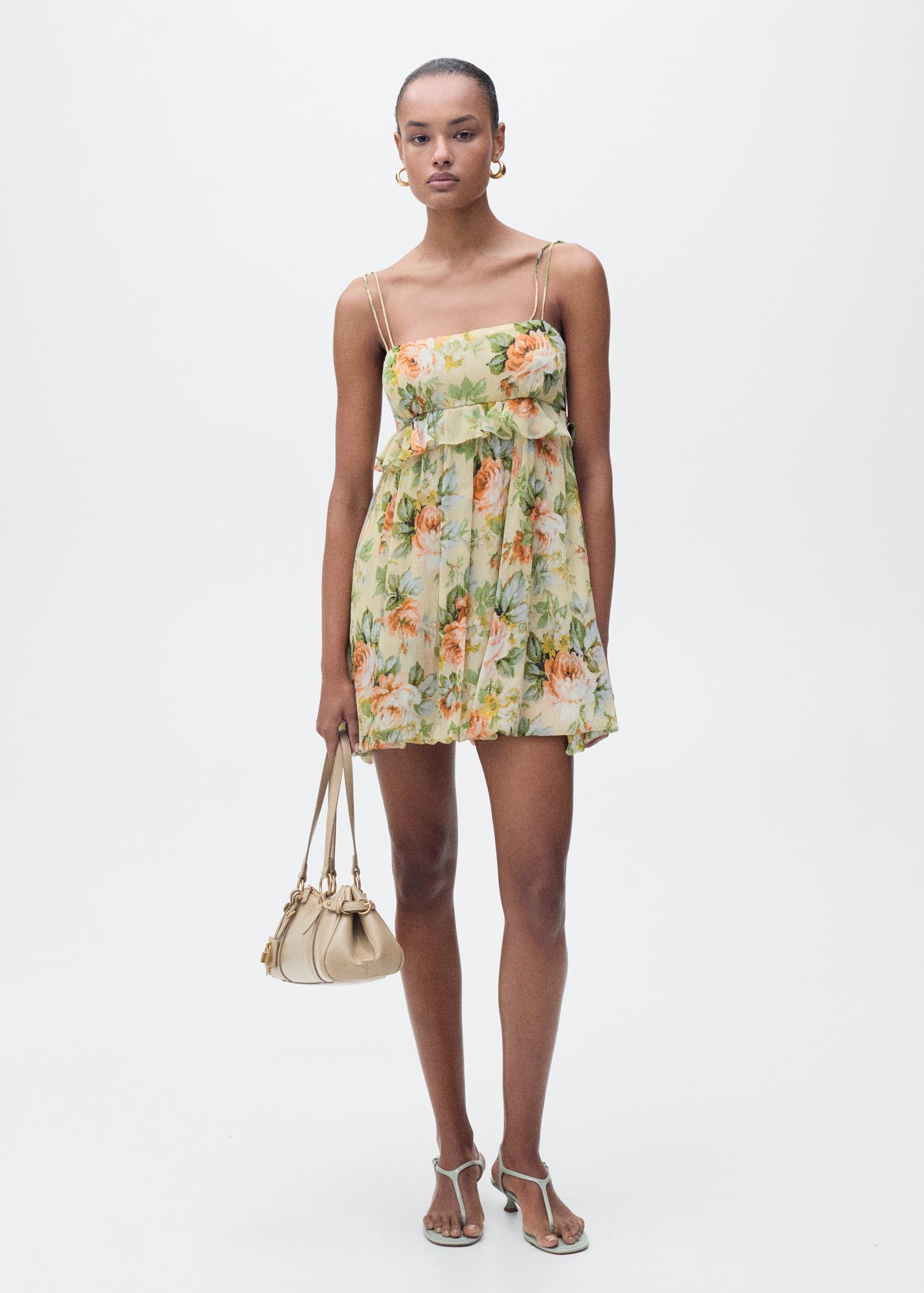 Short floral-print dress with ruffle detail - Women | MANGO USA Product Image