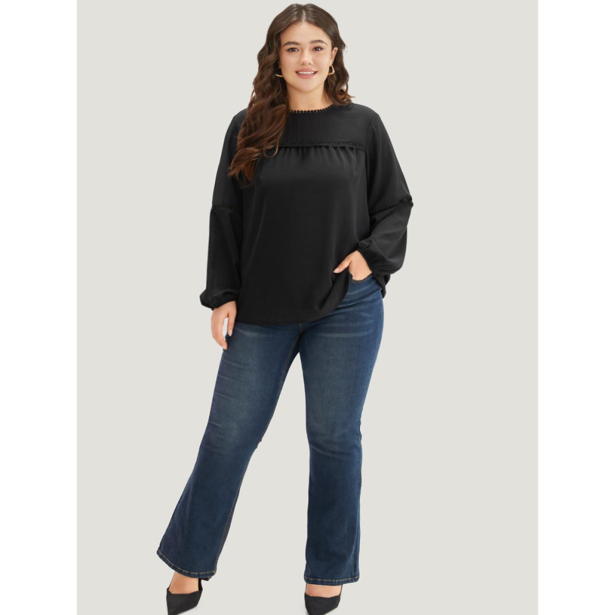 Plus Size Black Anti-Wrinkle Pompom Trim Guipure Lace Keyhole Blouse Women Office Long Sleeve Round Neck Dailywear Blouses BloomChic 18-20/2X Product Image