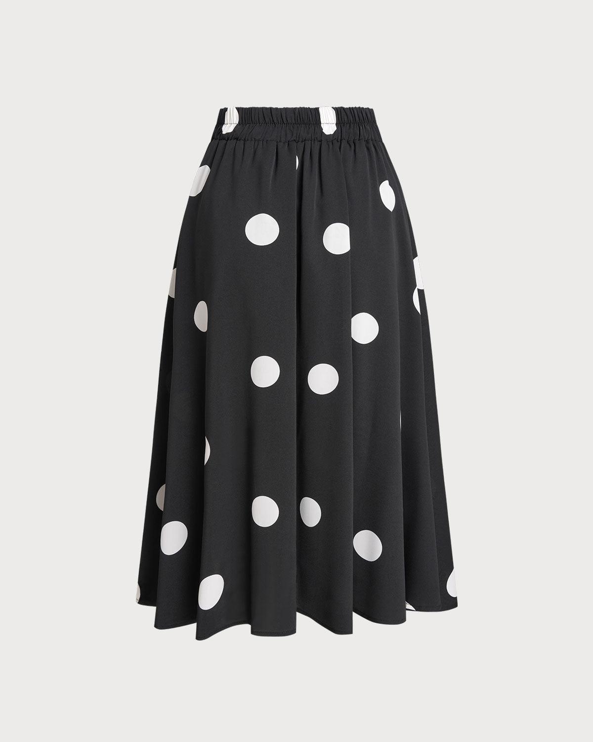 Black Polka Dot Elastic Waist Midi Skirt Product Image