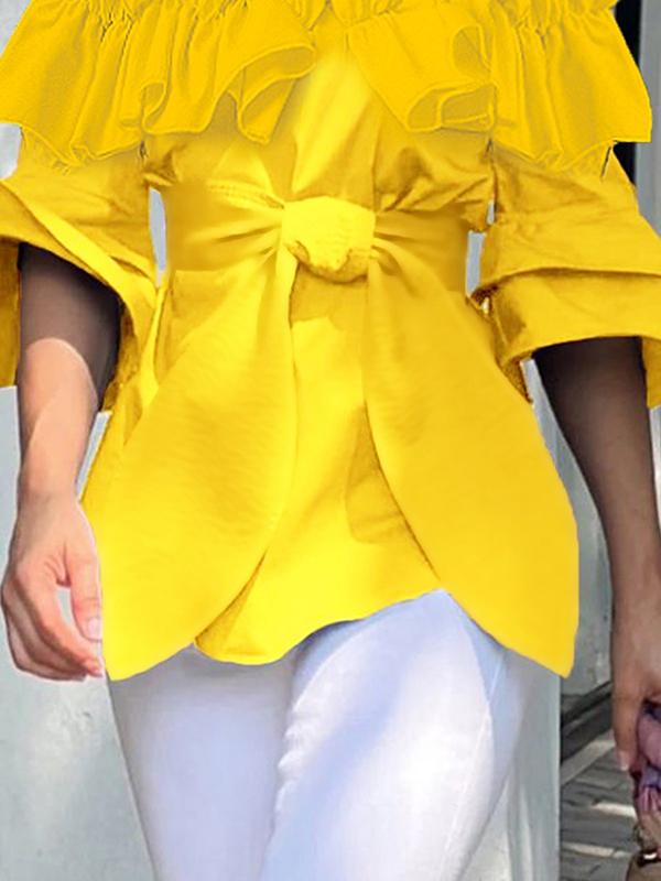 Loose Pleated Ruffled Solid Color Split-Joint Tiered Off-The-Shoulder Blouses&Shirts Tops Product Image