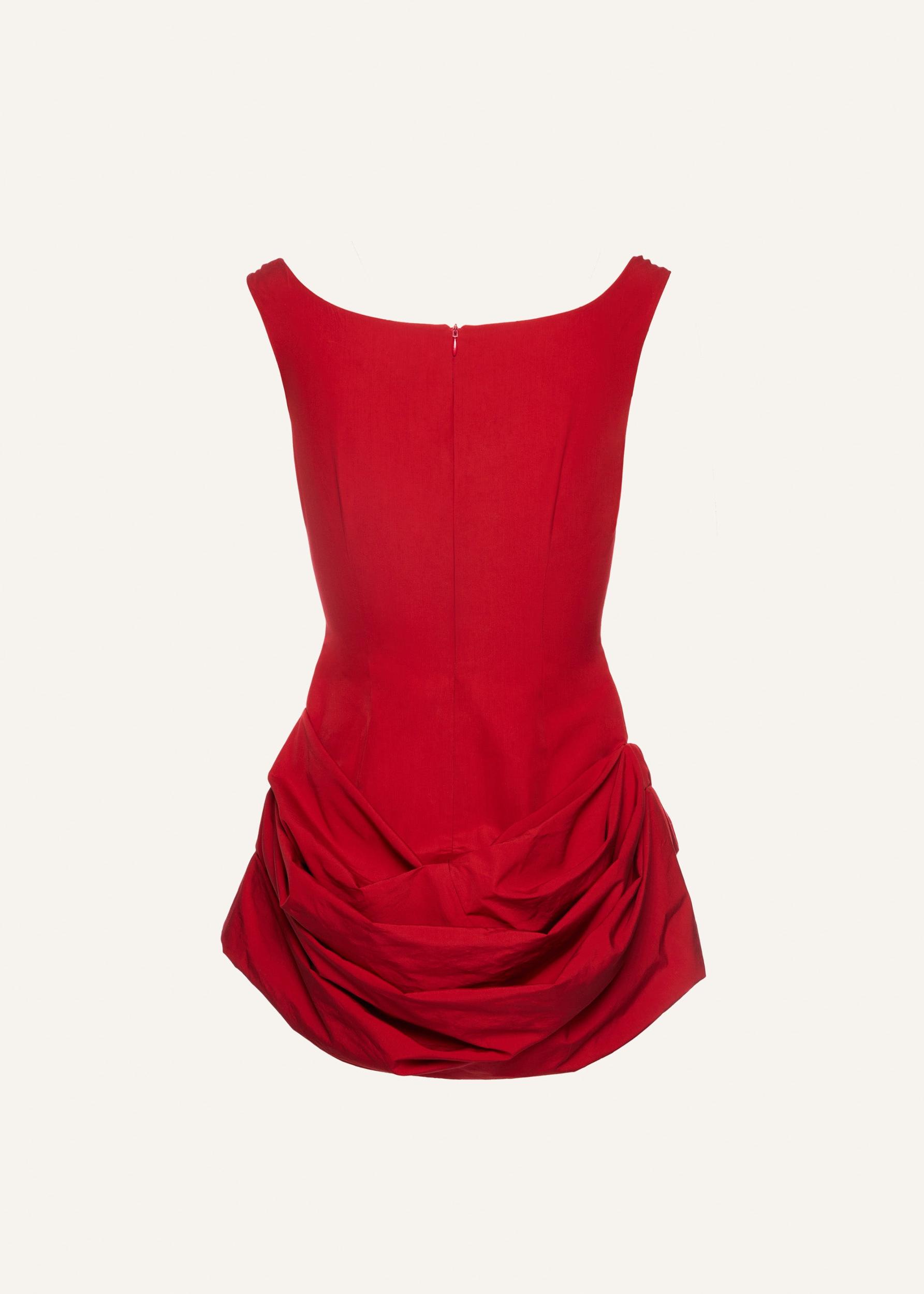 Round neck ruched cotton mini dress in red Product Image