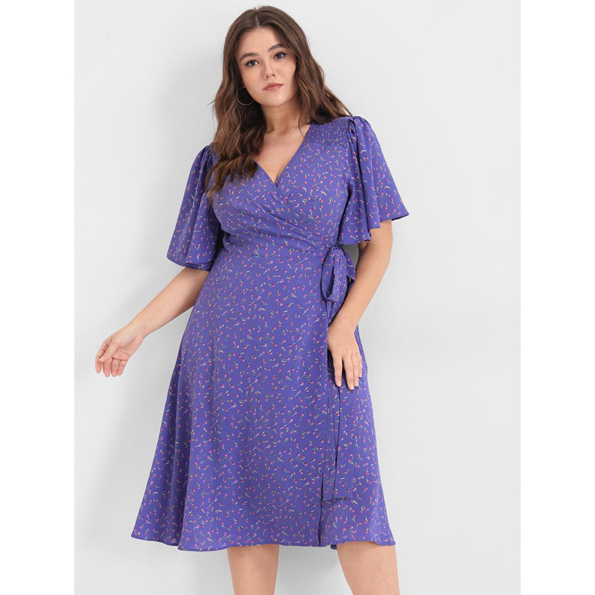 Plus Size Ditsy Floral Knotted Ruffled Split Midi Dress BlueViolet Women Elegant Wrap V-neck Short sleeve Curvy Midi Dress BloomChic 28/5X Product Image