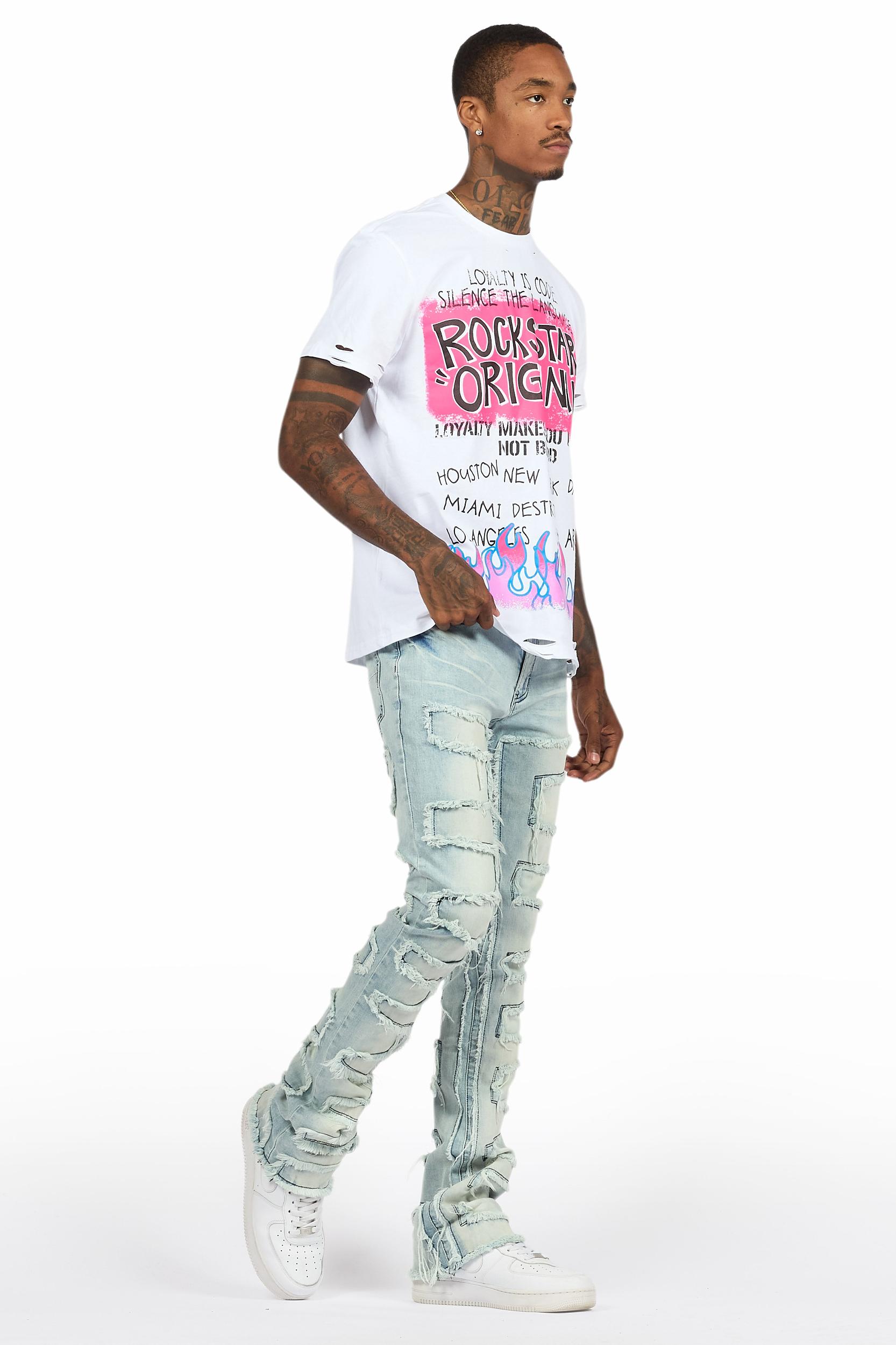 Beno White T-Shirt & Shake Blue Stacked Flare Jean Bundle Male Product Image