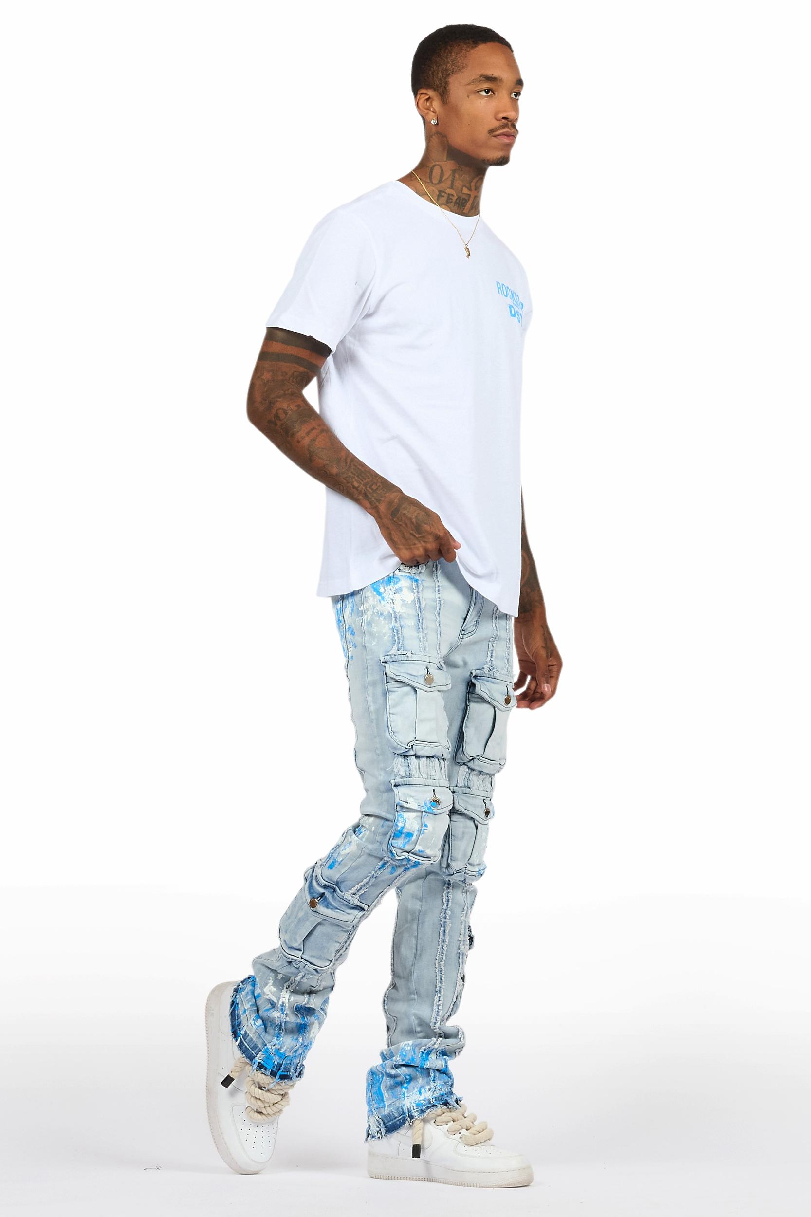 Quentin White/Blue T-Shirt/Stacked Flare Jean Set Male Product Image