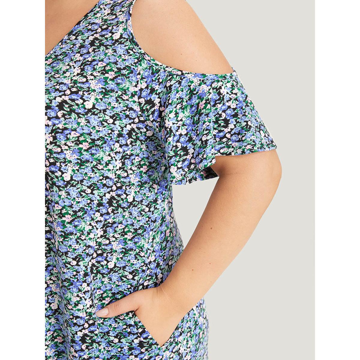 Plus Size Ditsy Floral Pocket Cold Shoulder Dress Blue Women Casual Cut-Out V-neck Short sleeve Curvy Midi Dress BloomChic 26/4X Product Image