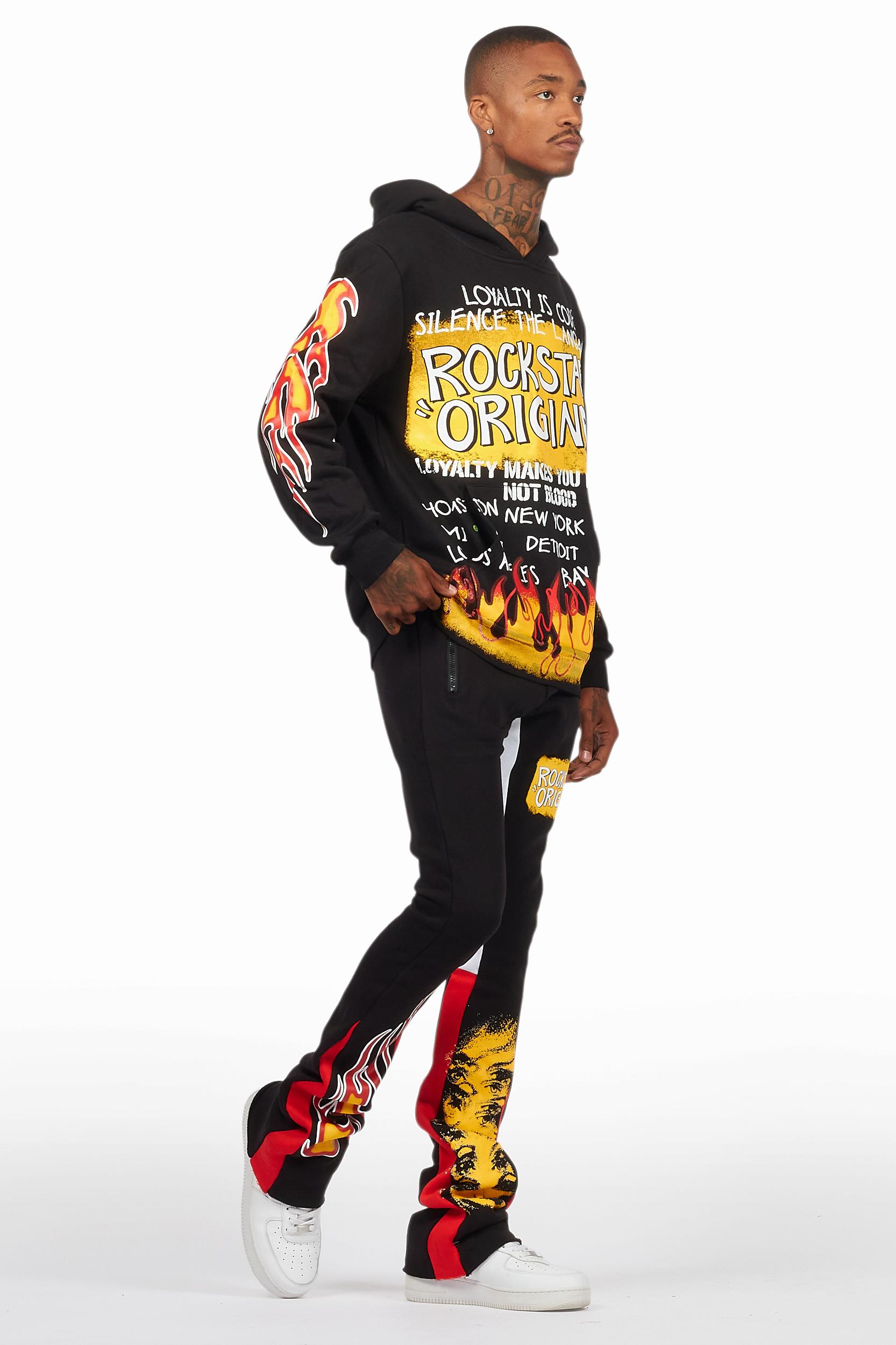 Beno Black/Yellow Stacked Flare Hoodie Track Set Male Product Image