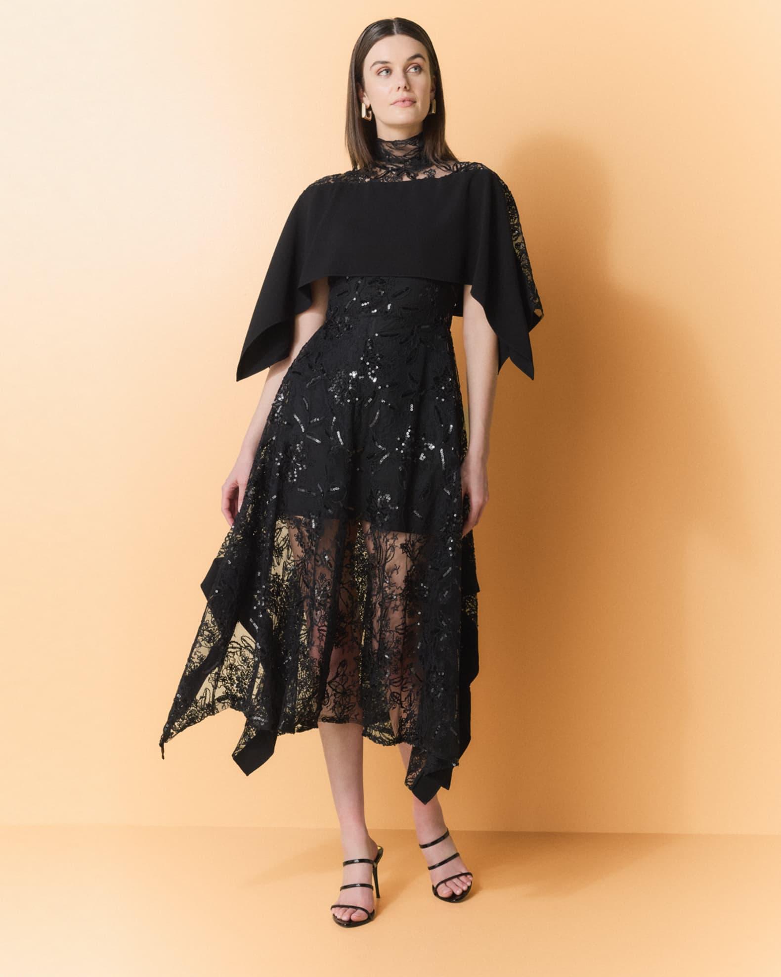 Sequined Lace Mock-Neck Flounce Dress Product Image