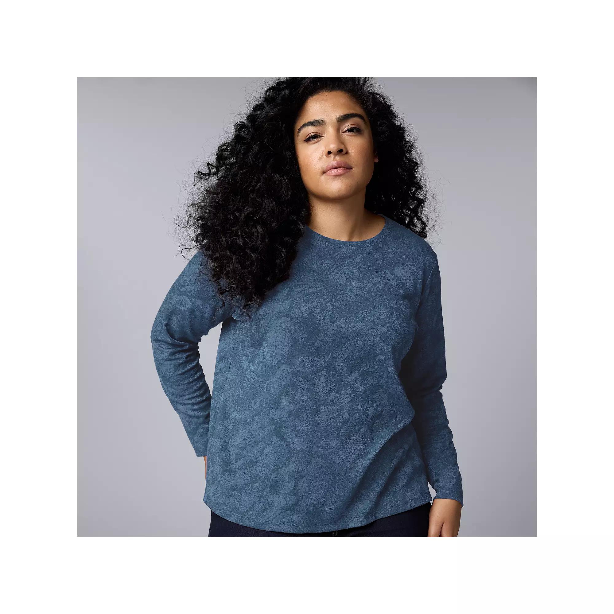 Plus Size Simply Vera Vera Wang Long Sleeve Crewneck T-Shirt, Women's, Size: 3XL, Med Coastline Grey Product Image