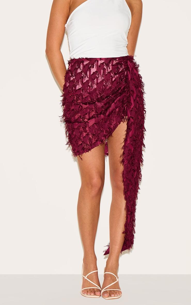 Petite Deep Red Textured Drape Side Mini Skirt Product Image