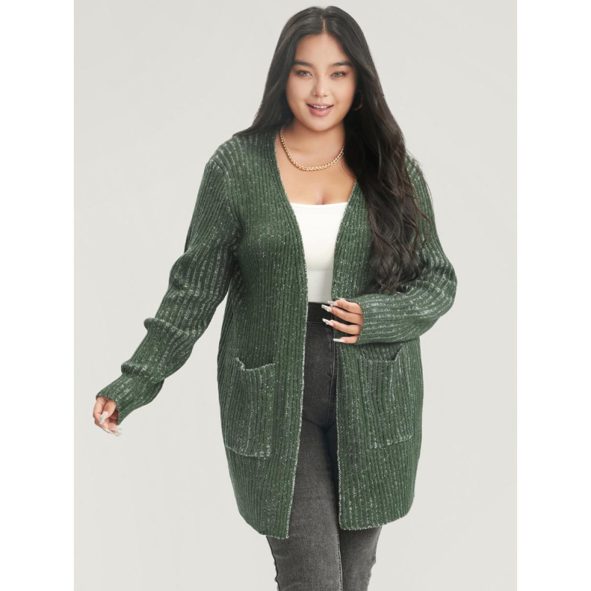 Plus Size Solid Pointelle Knit Heather Rib Knit Open Front Cardigan ArmyGreen Women Casual Loose Long Sleeve Office Cardigans BloomChic 12/L Product Image