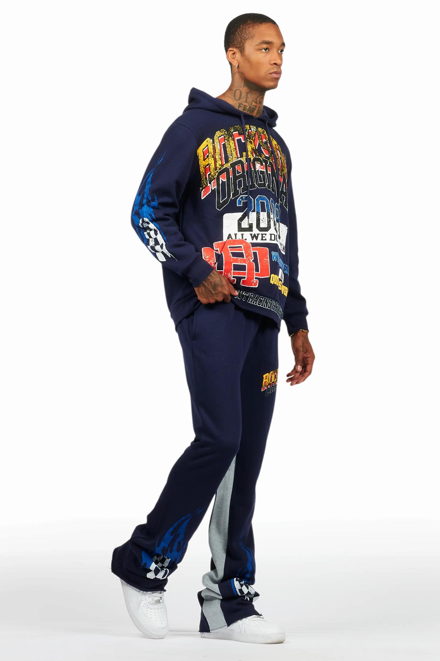 Colorful Race Navy Hoodie/Baggy Track Pant Set Male Product Image