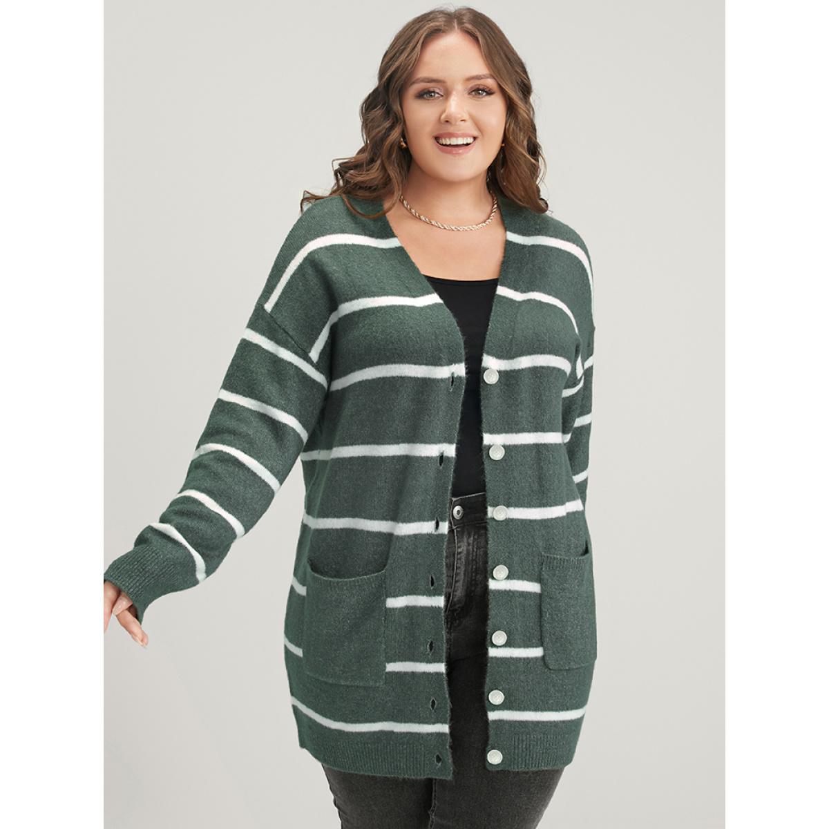 Plus Size Striped Contrast Super Soft Plush Knit Pocket Button Front Cardigan DarkGreen Women Casual Loose Long Sleeve Dailywear Cardigans BloomChic 18-20/2X Product Image