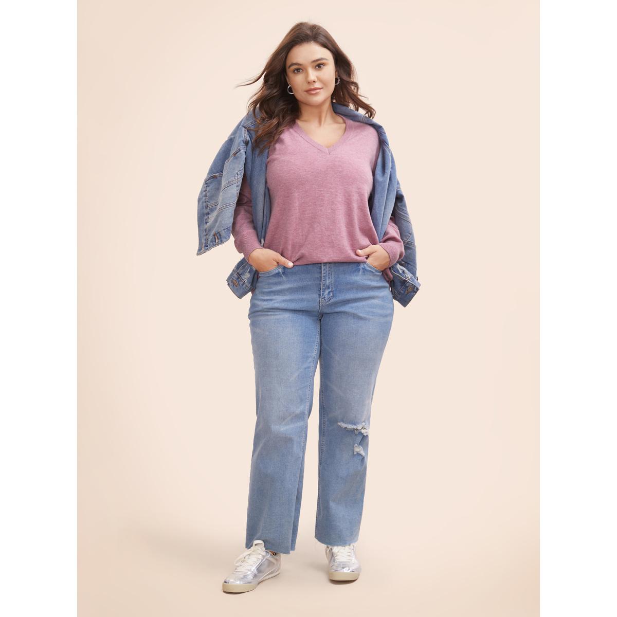 Plus Size Supersoft Essentials Button Slit Hem Pullover DustyPink Women Casual Long Sleeve V-neck Everyday Pullovers BloomChic 22-24/3X Product Image