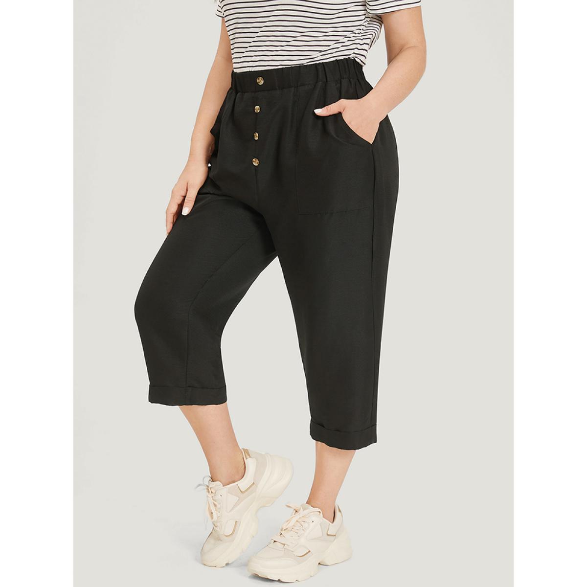 Plus Size Solid Pocket Button Detail Elastic Waist Pants Women Black Casual High Rise Dailywear Pants BloomChic 10/M Product Image