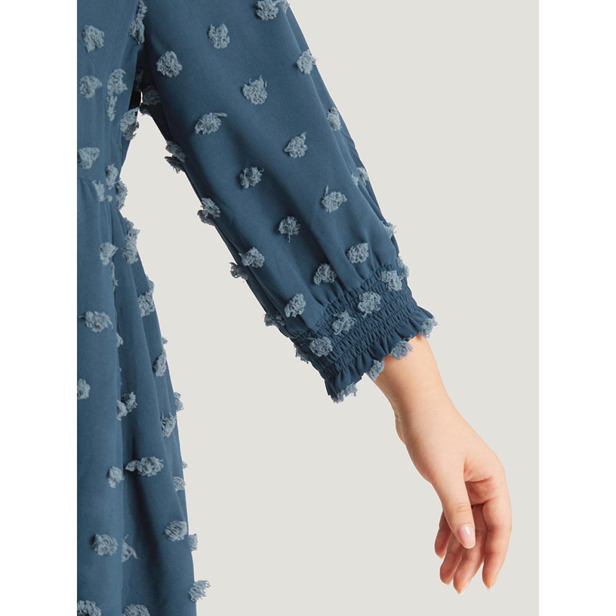 Plus Size Polka Dot Tassels Ties Shirred Cuffs Pocket Dress DarkBlue Women Office Elastic cuffs V-neck Elbow-length sleeve Curvy Midi Dress BloomChic 22-24/3X Product Image