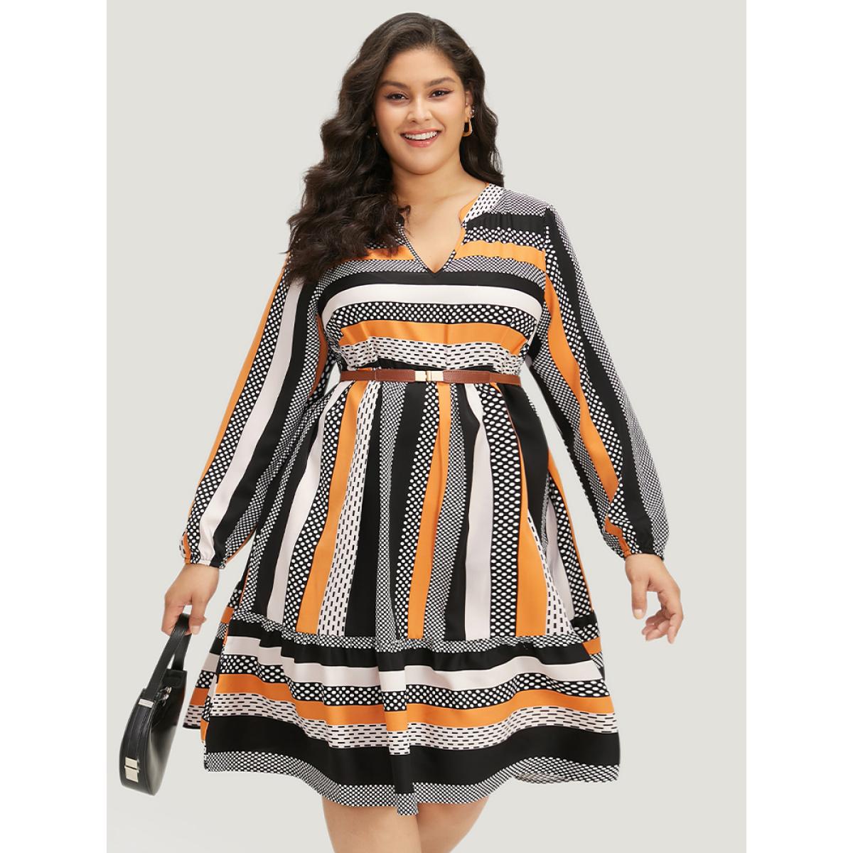 Plus Size Polka Dot & Striped Print Notched Pocket Dress Orange Women Office Elastic cuffs Notched collar Long Sleeve Curvy Midi Dress BloomChic 30/6X Product Image