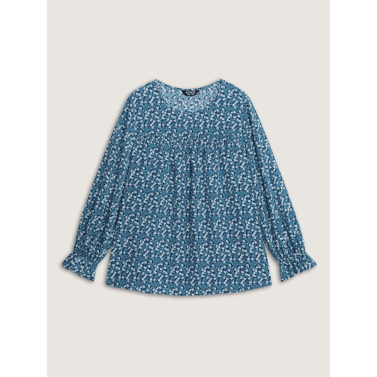 Plus Size Cerulean Floral Print Ruched Round Neck Blouse Women Leisure Long Sleeve Round Neck Casual Blouses BloomChic 30/6X Product Image