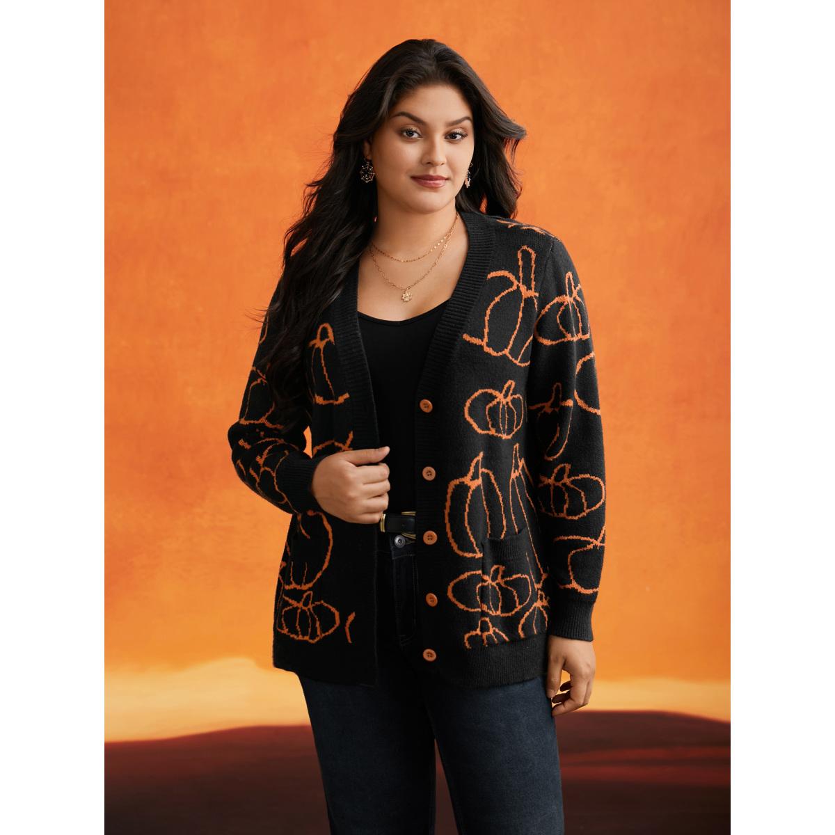 Plus Size Supersoft Essentials Pumpkin Printed Open Cardigan Black Women Casual Loose Long Sleeve Everyday Cardigans BloomChic 18-20/2X Product Image