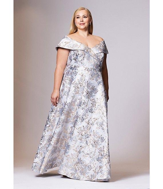 Xscape Plus Size Off-the-Shoulder Sweetheart Neck Short Sleeve Brocade Ball Gown Product Image