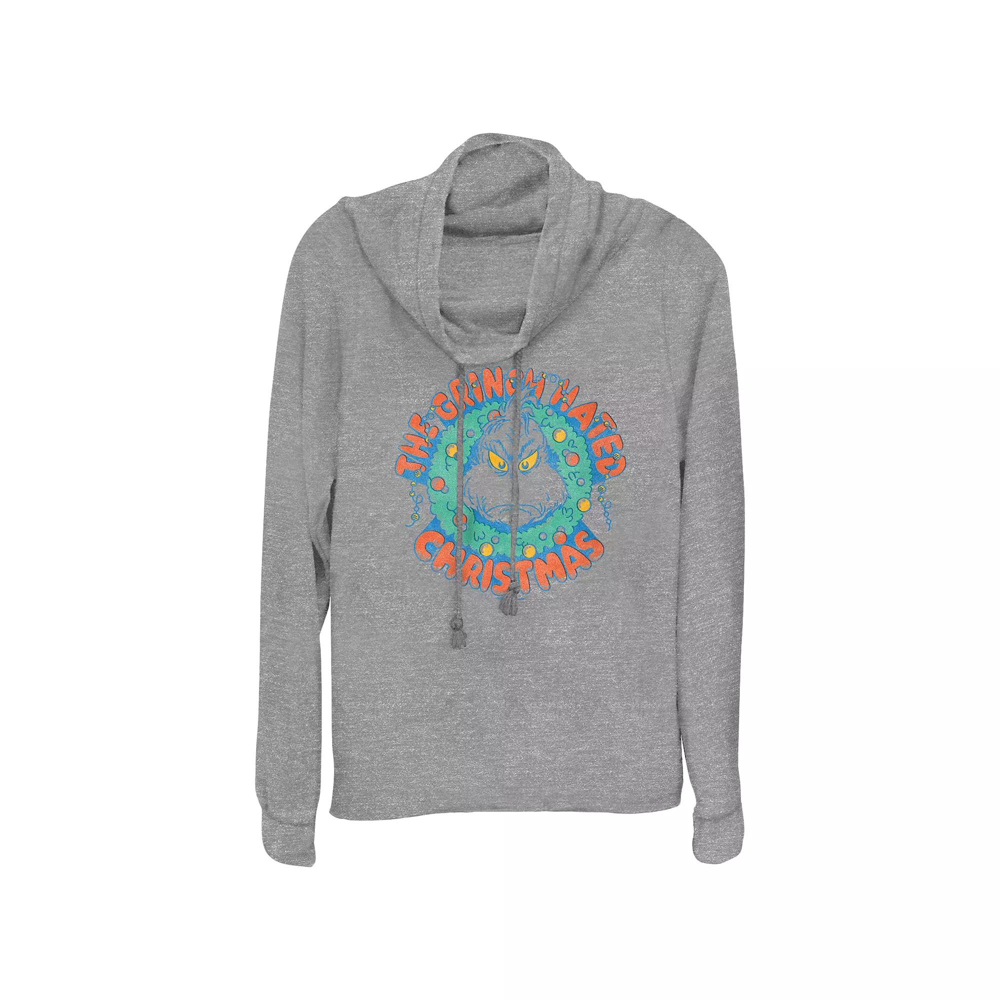 Women's Dr. Seuss The Grinch Hated Christmas Wreath Cowlneck Graphic Lightweight Long Sleeve,  Product Image