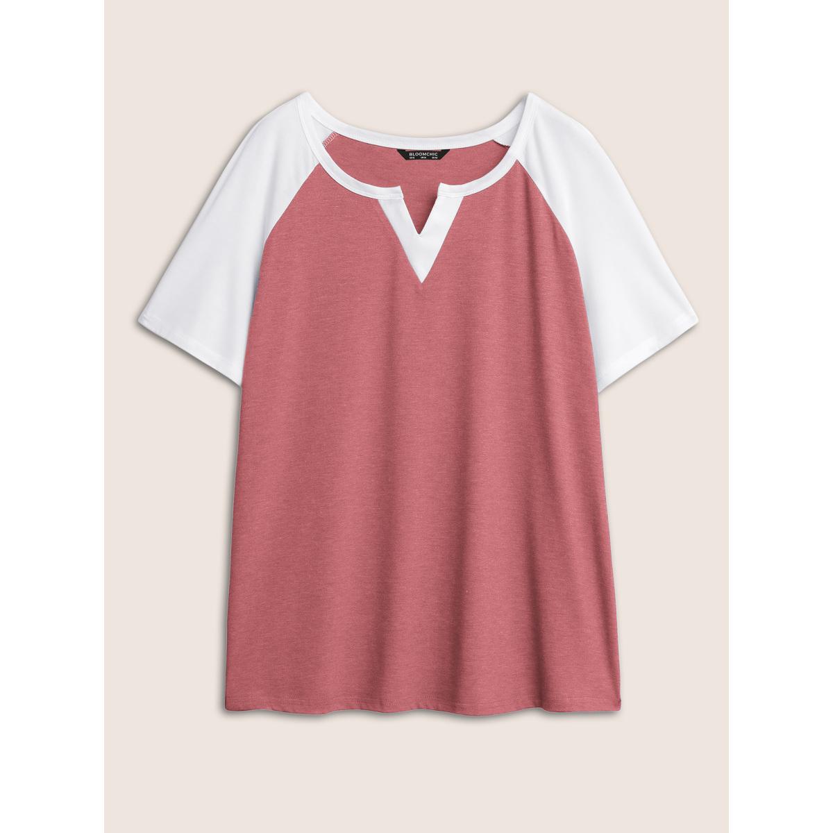 Plus Size Colorblock Contrast Notched Raglan Sleeve T-shirt Russet Women Leisure Plain Casual T-shirts BloomChic 22-24/3X Product Image