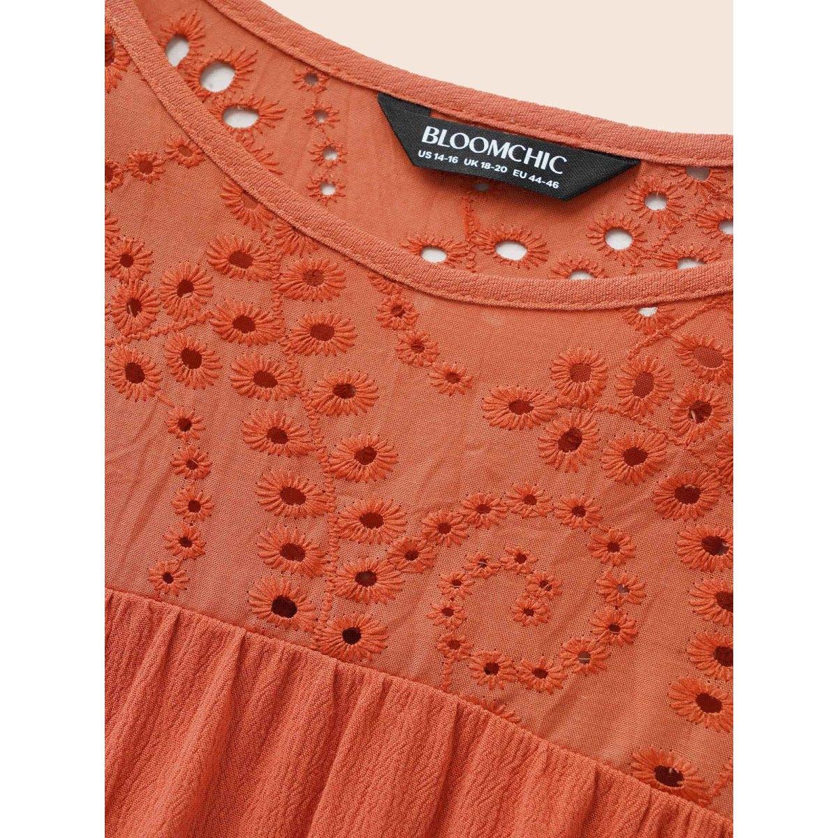 Plus Size Coral Broderie Anglaise Patchwork Ruffle Sleeve Blouse Women Elegant Elbow-length sleeve Round Neck Everyday Blouses BloomChic 22-24/3X Product Image