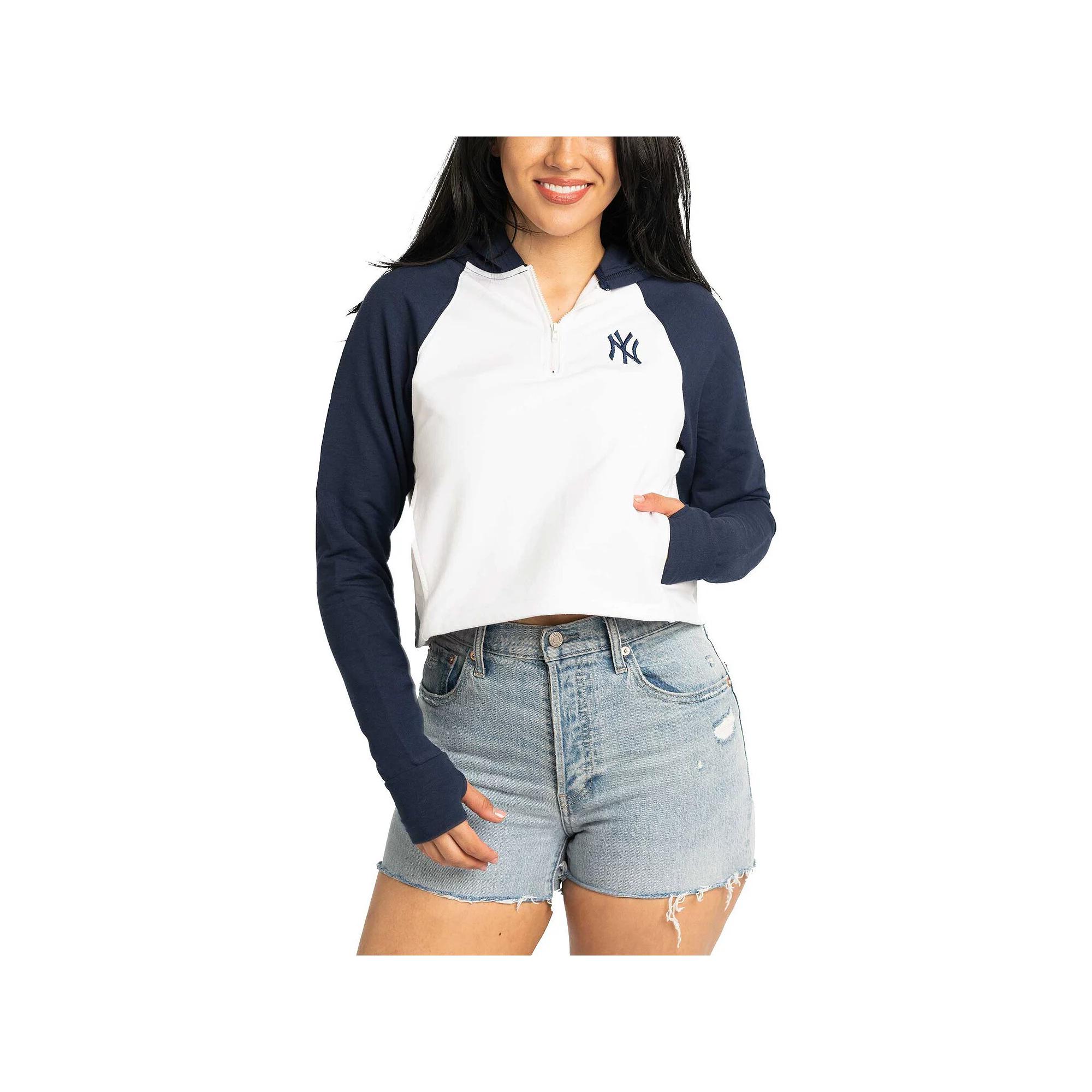 Women's Lusso White Atlanta Braves Jane Raglan Quarter-Zip Tri-Blend Cropped Pullover Hoodie, Size: 2XL Product Image