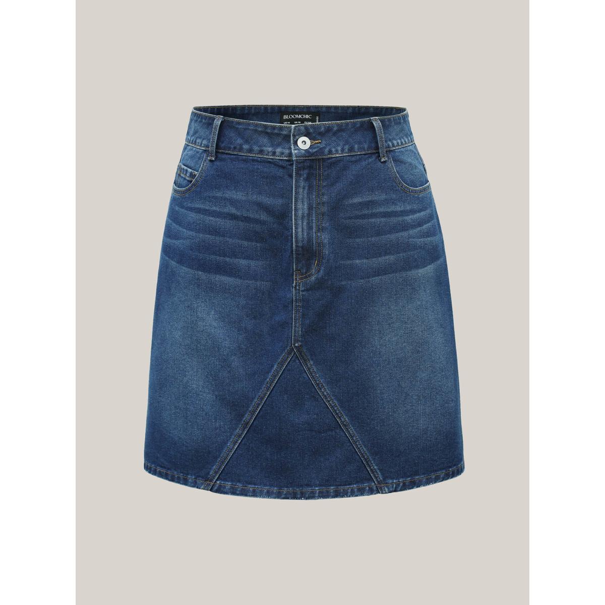 Plus Size A-Line Crisscross Lines Denim Skirt Women Midblue Everyday-Casual No stretch Medium Wash 16/1X Slanted pocket Basics Denim Skirts BloomChic Product Image