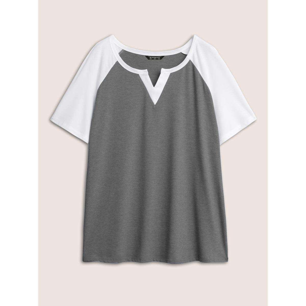 Plus Size Colorblock Contrast Notched Raglan Sleeve T-shirt DimGray Women Casual Plain Everyday T-shirts BloomChic 28/5X Product Image