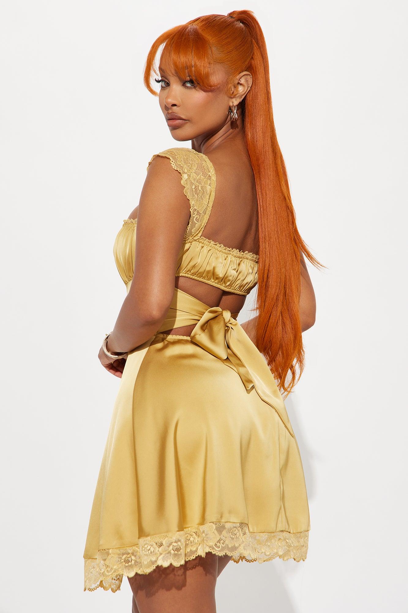 Clara Satin Mini Dress - Mustard Product Image