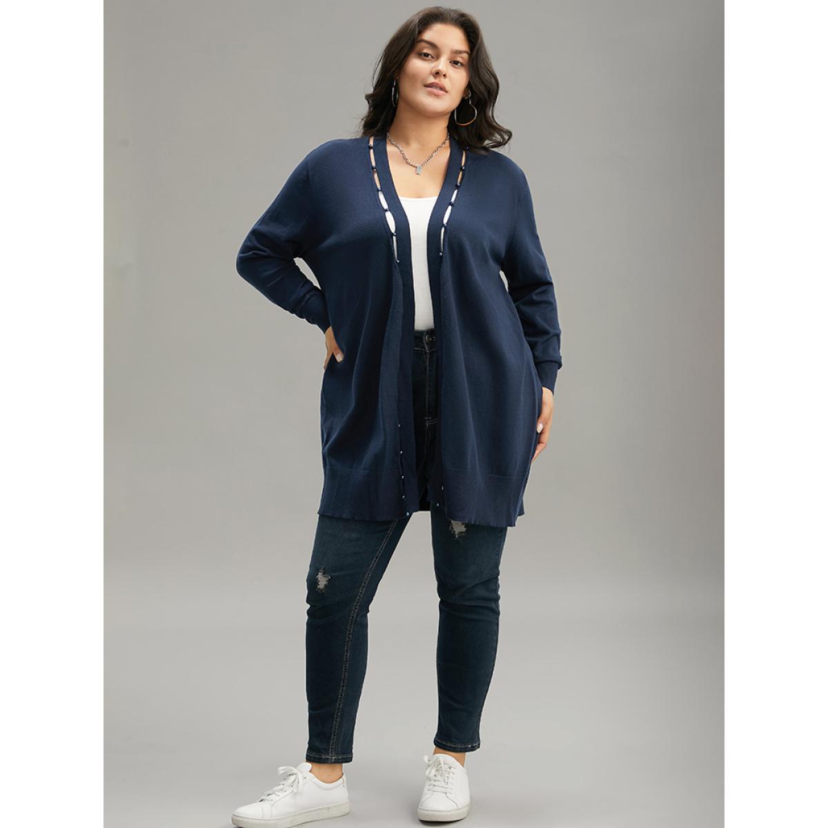 Plus Size Supersoft Essentials Plain Hollow Out Pearl Beaded Open Front Cardigan Indigo Women Casual Loose Long Sleeve Dailywear Cardigans BloomChic 30/6X Product Image