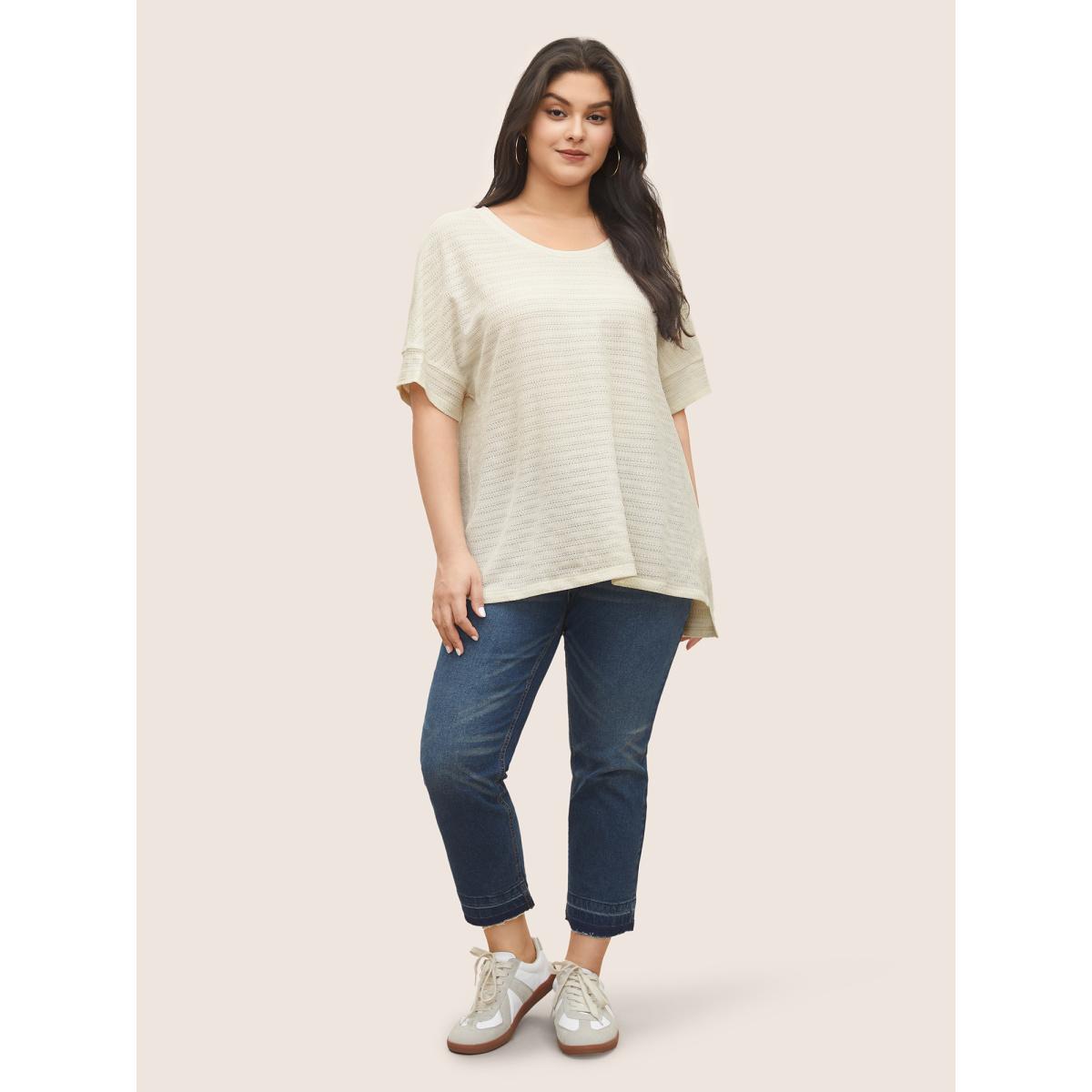Plus Size Solid Textured Crew Neck Batwing Sleeve T-shirt Beige Women Casual Texture Plain Round Neck Everyday T-shirts BloomChic 22-24/3X Product Image