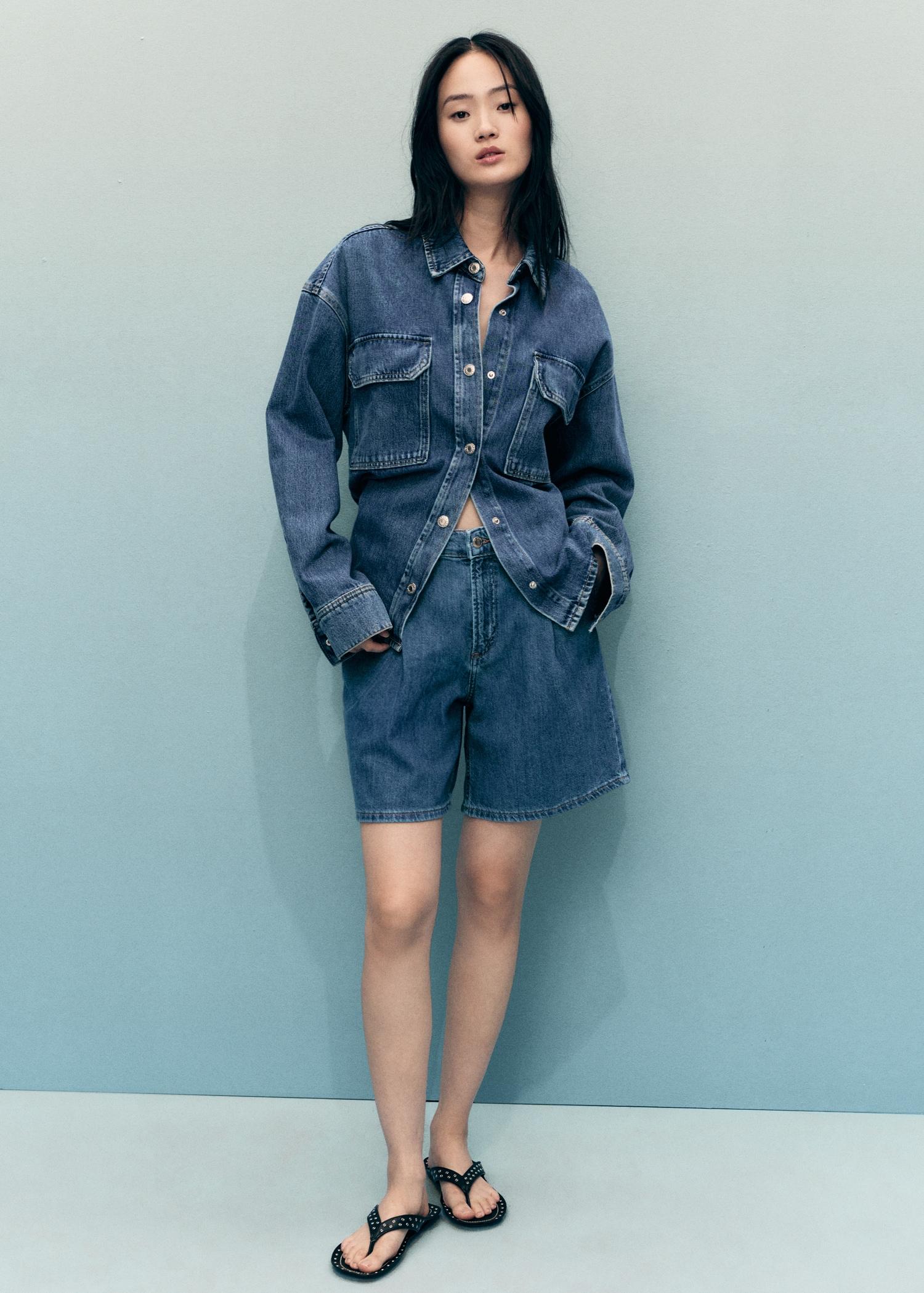 Mid-rise denim bermuda shorts with pleats - Women | MANGO USA Product Image