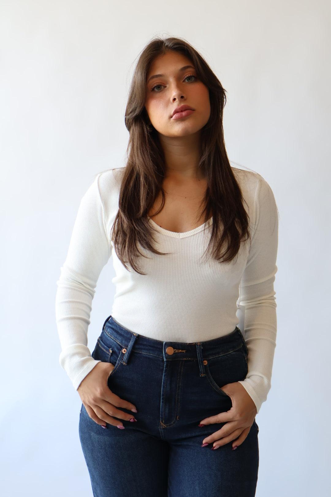 Dear John Denim Marlowe Ribbed V Neck Fitted Top Product Image