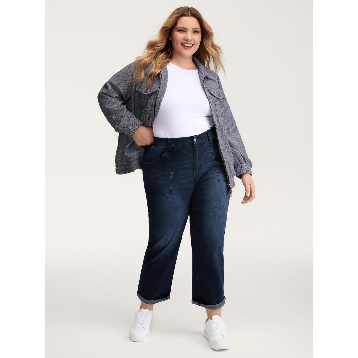 Plus Size Supersoft Front Pockets Straight-Leg Mid-Rise Jeans Women Darkindigo Leisure Cut-Out High stretch Slanted pocket Jeans BloomChic 28/5X Product Image
