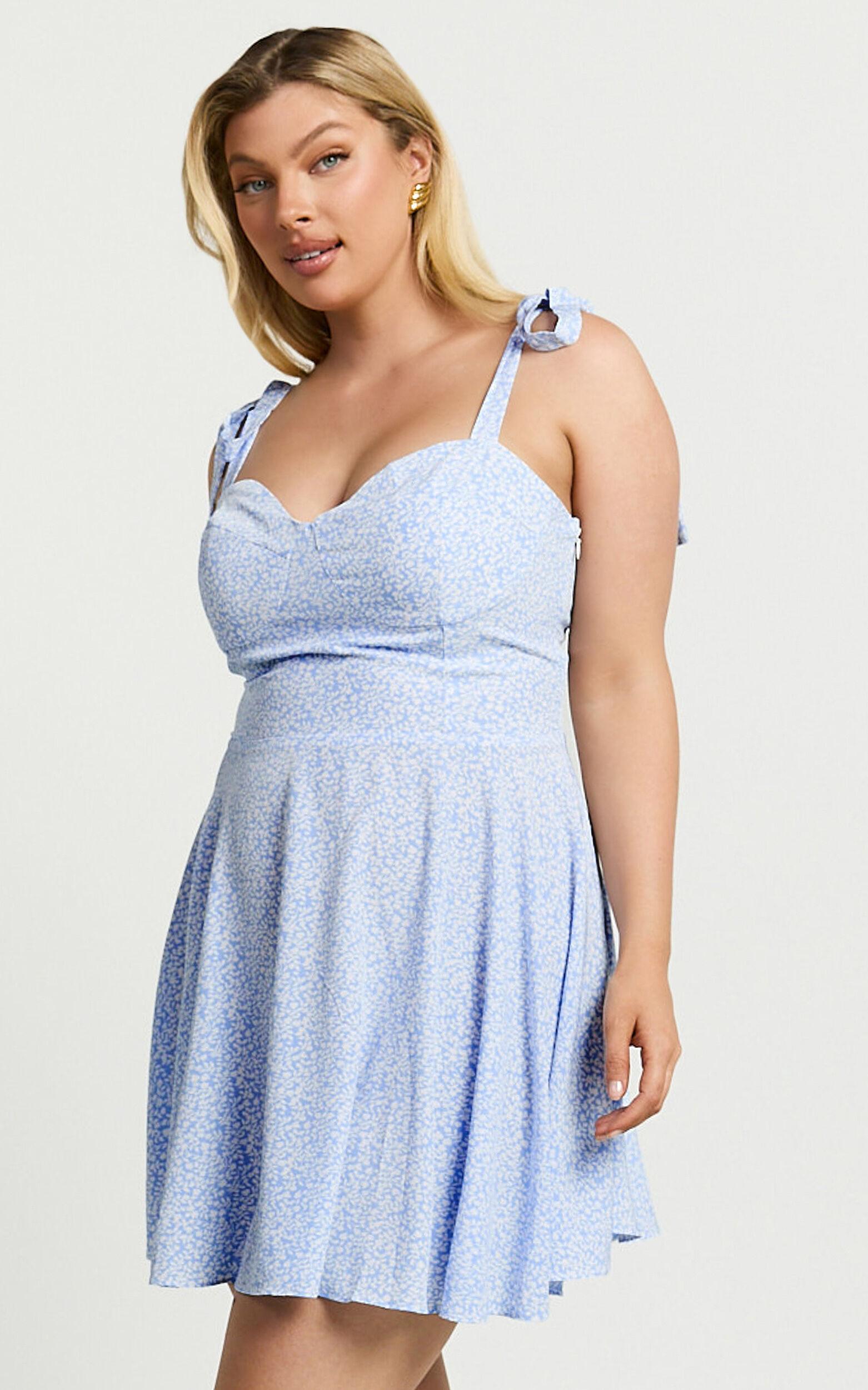 Lorreta Mini Dress - Tie Shoulder Sweetheart Dress in Dusty Blue Floral Product Image