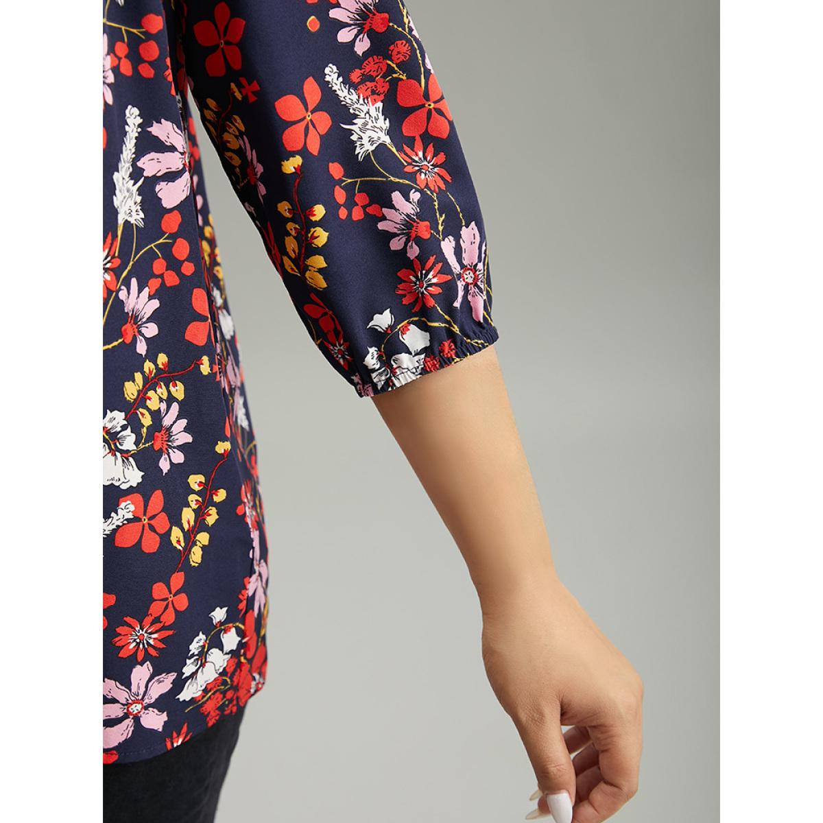 Plus Size Multicolor Floral Print Frill Trim Cut Out Blouse Women Elegant Elbow-length sleeve Round Neck Everyday Blouses BloomChic 14-16/1X Product Image