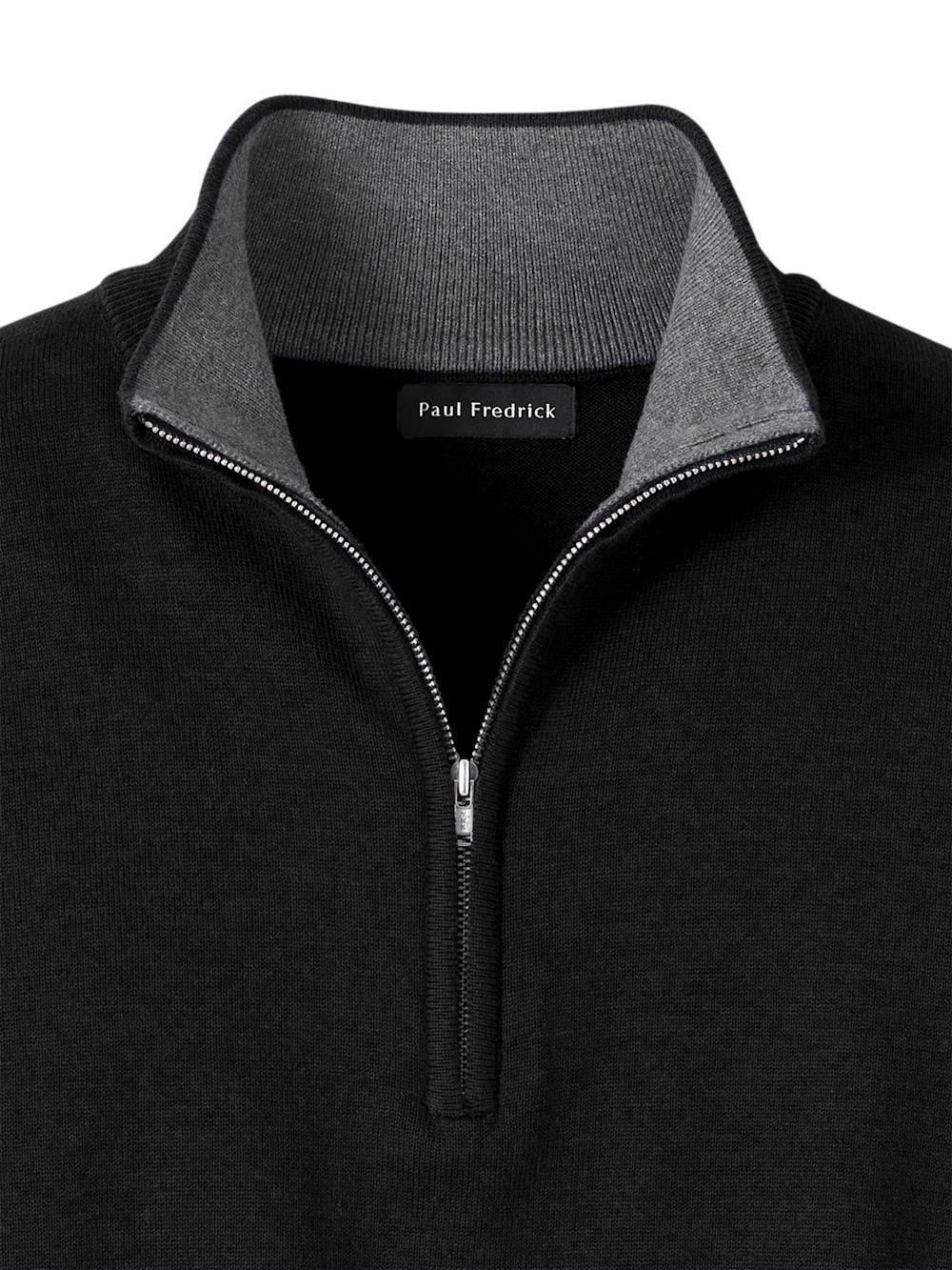 Supima Cotton Quarter Zip Mock Neck Sweater - Black Product Image