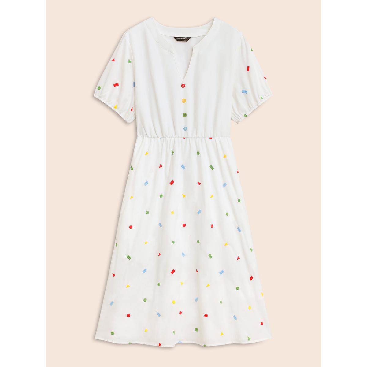 Plus Size Cotton Confetti Print Elastic Waist Midi Dress Originalwhite Women Elegant Gathered Notched collar Short sleeve Curvy BloomChic 12/L Product Image