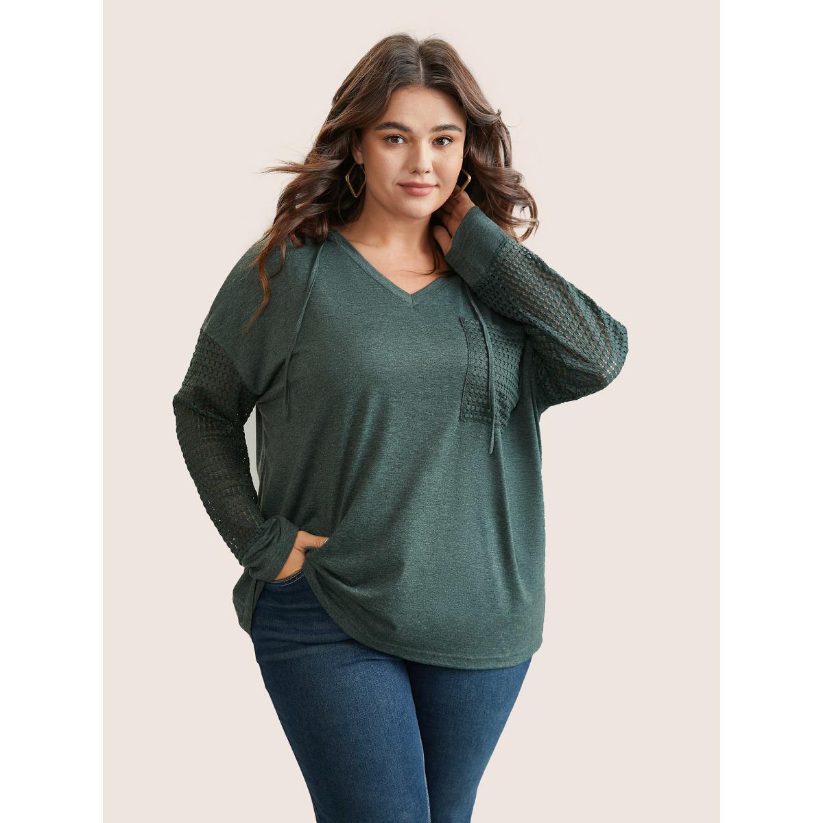Plus Size Solid Heather Patched Pocket Textured T-shirt Cyan Women Casual Texture Plain Hooded Everyday T-shirts BloomChic 10/M Product Image