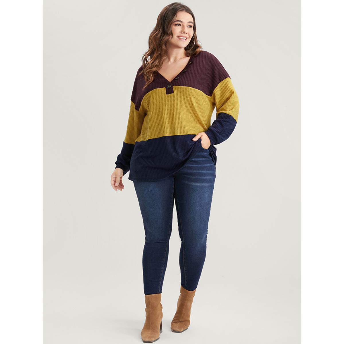 Plus Size Colorblock Contrast Button Detail Waffle Knit Sweatshirt Women Multicolor Casual Patchwork V-neck Dailywear Sweatshirts BloomChic 18-20/2X Product Image