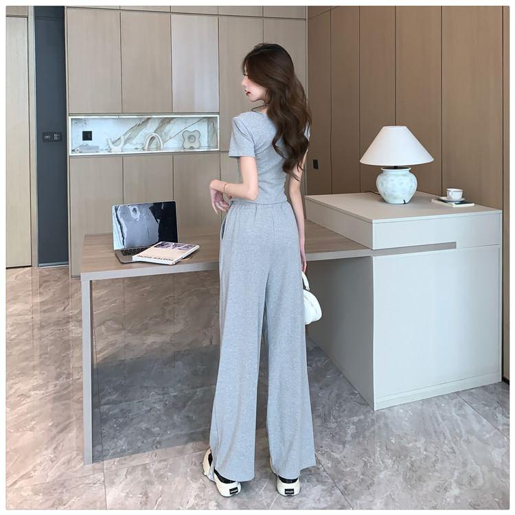 Set: Short-Sleeve Asymmetrical Neck Ruched Slit Slim Fit T-Shirt + Drawstring Waist Loose Fit Sweatpants Product Image
