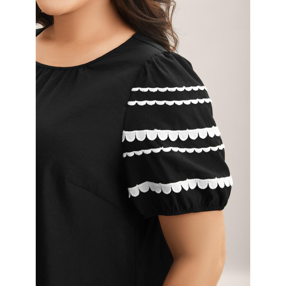 Plus Size Black Color Contrast Sleeve Relaxed Blouse Women Short sleeve Round Neck Work Blouses BloomChic 14-16/1X Product Image