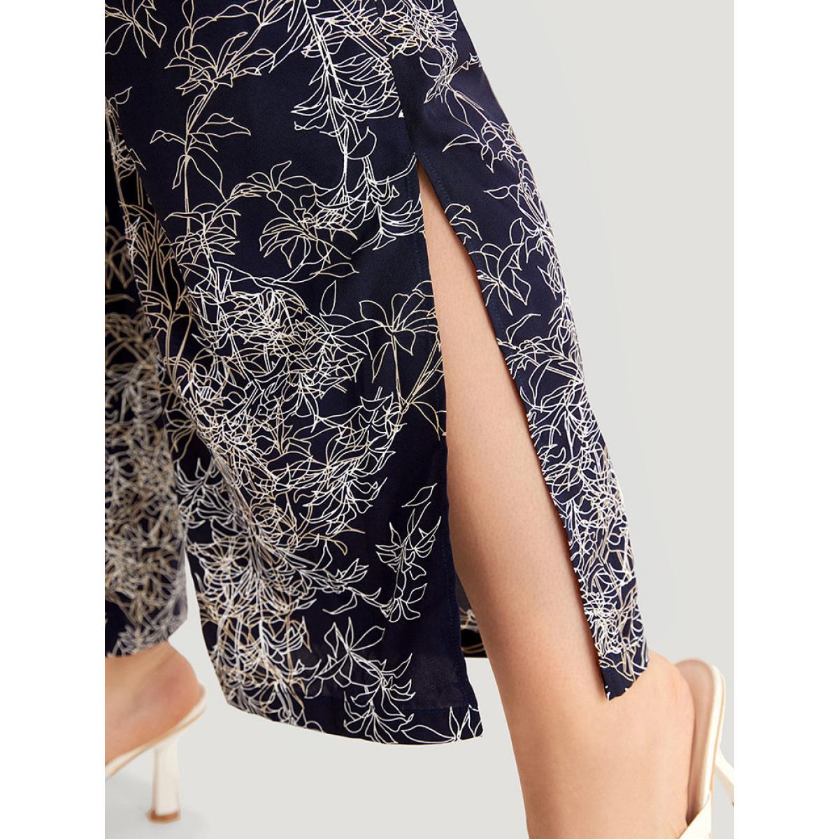 Plus Size Graphic Print Shirred Split Side Tassels Ties Pants Women Indigo Elegant Straight Leg High Rise Dailywear Pants BloomChic 10/M Product Image