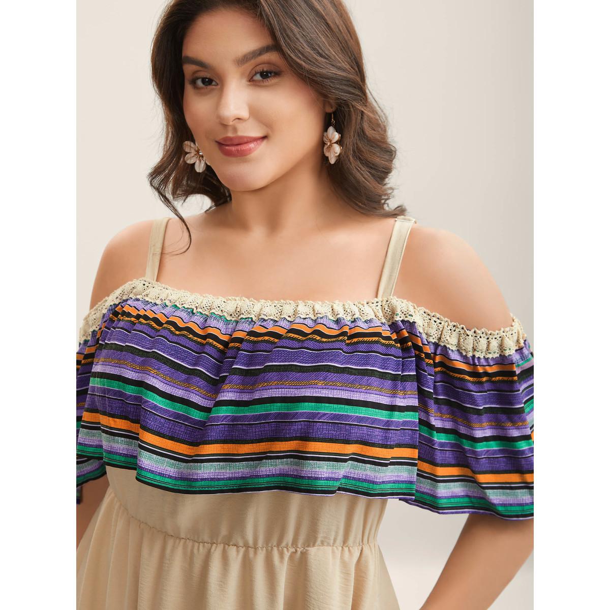 Plus Size Cold-Shoulder Textured Striped Pockets Midi Dress Apricot Women One-shoulder neck Sleeveless Curvy BloomChic 18-20/2X Product Image